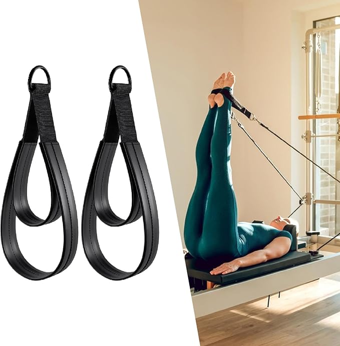 2Pcs Pilates Double Loop Straps for Reformer,Nonslip Comfortable Grip for Ankle Arms Improve Flexibility Strength Dexterity, Black Rings