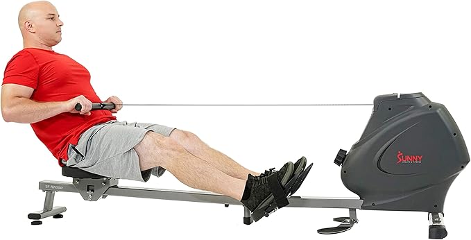 Sunny Health & Fitness Foldable Magnetic Rower, Long Rail & Extended Inseam Range for Home Cardio Workout, Free SunnyFit Training App, Optional Footplate for Standing Exercises