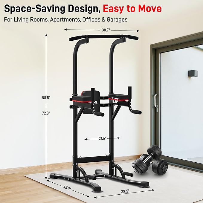 Outdoor Basic Power Tower, Pull Up Bar and Dip Station for Home Gym, 1400LBS Weight Capacity, Adjustable Height, Heavy Duty Steel Frame for Calisthenics, Strength Training Fitness Equipment