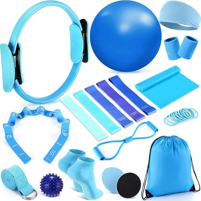 Poen 18 Pcs Home Pilates Ball and Ring Circle Set Yoga Fitness Essentials Kit with 5 Resistance Band Stretching Strap Non Slip Sock Ball Core Slider Wristband Headband Gym Bag for Women