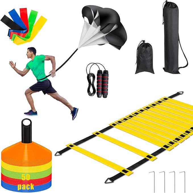 Agility Ladder, Football Training Equipment Set, 20 feet 12 Rungs Speed Ladder,50 Disc Cones,Resistance Parachute, Jump Rope, 5 Resistance Bands for Workout