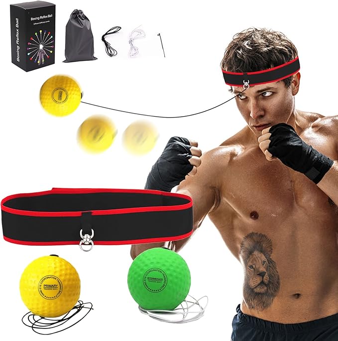 Boxing Reflex Ball, Headband Boxing Reaction Ball, Hand Eye Coordination Punching Speed Training Recreation Balls, Punch Ball Reflex Ball with Carry Bag for Teens Adults (2 Balls + 1 Headband)