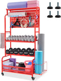 56'' Taller Home Gym Storage Organizer, Yoga Mat Storage Rack with Hanging Board, Exercise Workout Equipment Storage Stand for Home Gym, Dumbbell Holder Kettlebell Rack with Wheels and Hooks