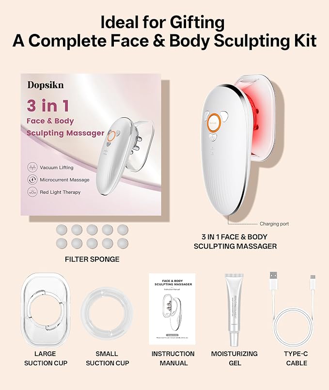 Body Sculpting Machine with Red Light Therapy for Face & Body, Cupping Therapy, Electric Cellulite Massage Tool with 2 Cups, Gift for Women, White