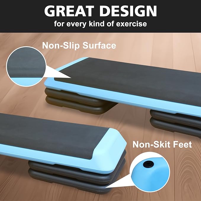 43''Inch Adjustable Aerobic Exercise Step Platform with 4 Stackable Risers - Home Gym Fitness Stepper for Cardio, Strength Training