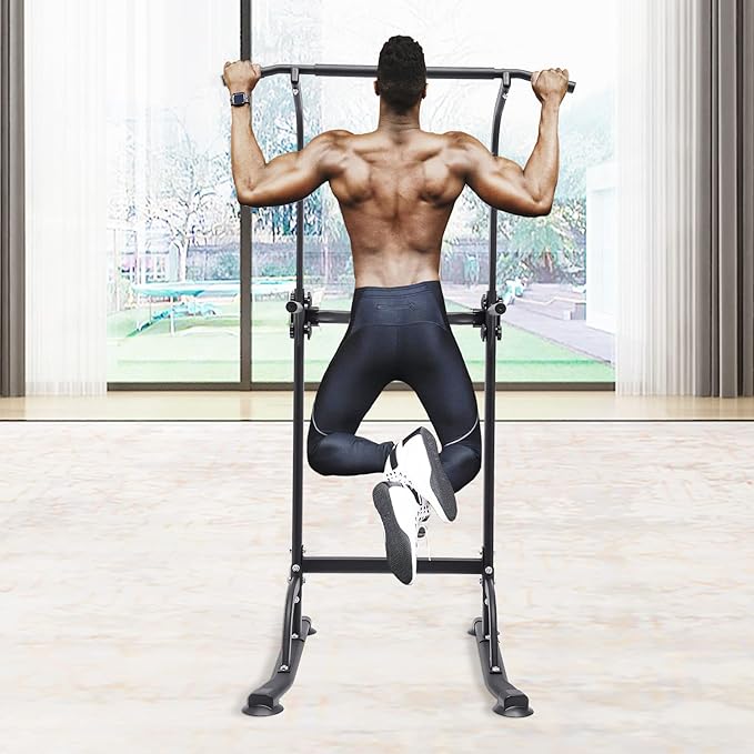 Parallel Bars Power Tower Adjustable Dip Station Pull Up Bar Push Up for Home Gym Strength Training Body Building Workout Equipment Standing Pull Up Pillar Impregnation Station, Black