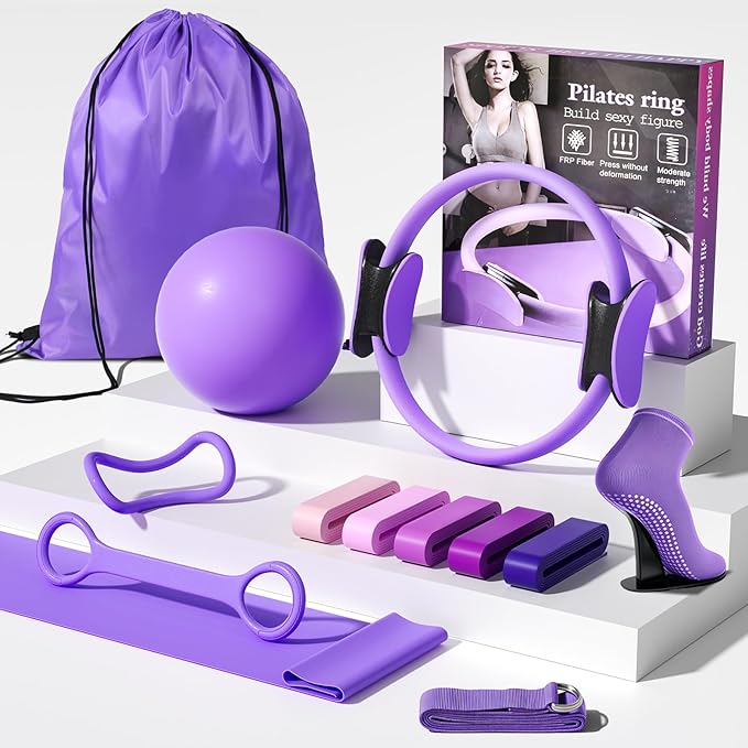 Pilates Kit for Women,15 Inch Magic Circle, 6 Multi-Level Resistance Bands,Yoga Ball Socks, Back Neck Stretcher ,14-Piece Full Body Toning Pilates Equipment for Beginners, 15 Min Daily Routine