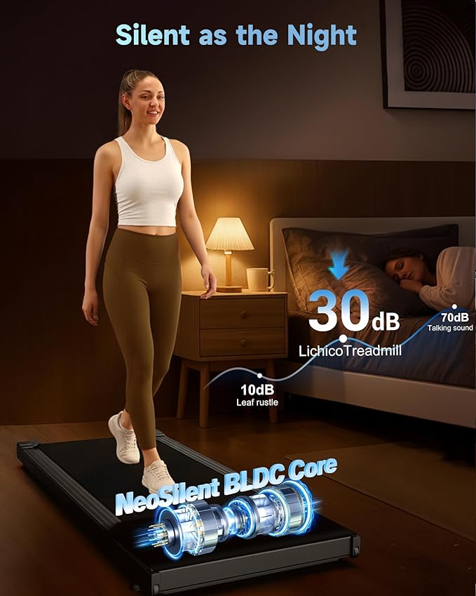 Lichico NeoSilent Walking Pad Treadmill Under Desk for Home with BLDC Core and Extra-Large Belt, App and Remote Control, Portable and Compact for Small Space