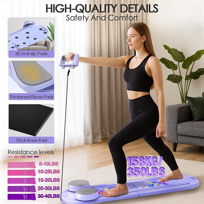 Pilates Board for Home Workout,Foldable Multifunctional Pilates Reformer Set with Timer,Resistance Bands & Storage Bag,Portable Pilates Equipment for Abs,Core & Full-Body Exercise
