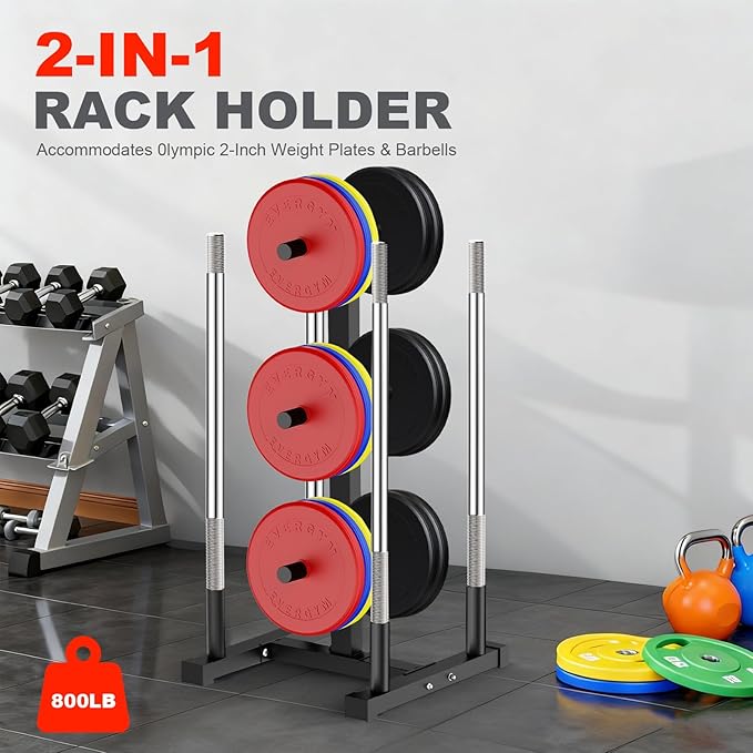 Weight Plate Rack for Home Gym - 6 Post Olympic Plate Holder with Wide Stability Base, Barbell Storage & Bumper Plate Tree Organizer, Heavy Duty Space Saving Gym Equipment