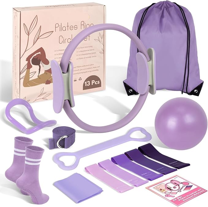 Home Pilates Essentials Kit for Women - Complete Pink Equipment Set with 9 Inch Yoga Ball, Figure 8 Resistance Band, Bands & Accessories, Ring for Beginners Workouts