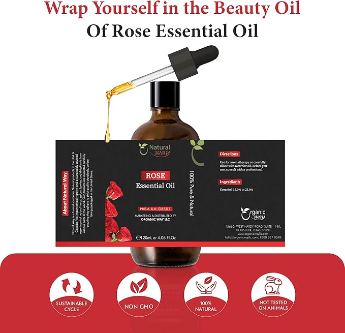 Rose Essential Oil | Pure Aromatherapy Oil for Diffusers, Hair Growth, Skin, Scalp Care, Massage | Refreshing Hair Oil for Women & Men | Natural Essential Oil for Diffuser | 4 Fl Oz (120 mL)