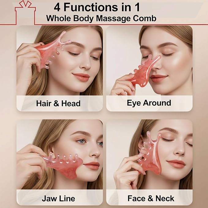 Premium 6 in 1 Head Scalping Massage Tool Comb for Hair|Head|Face|Eye|Neck|Resin Whole Body GuaSha Tool|Vintage Gift Package Relieve Stress Stay Young Home Massage Time-Penny Saver (Resin Pink)