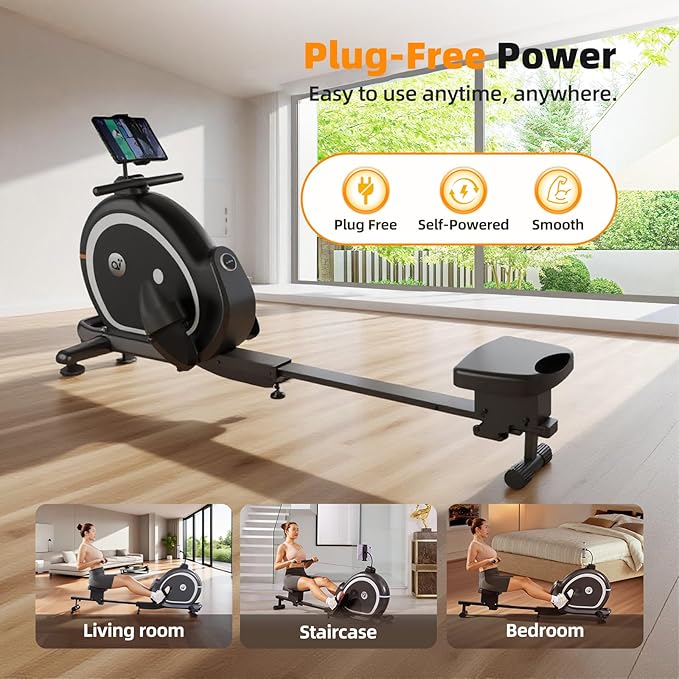 Magnetic Rowing Machine for Home, Compact Smart Rower with One-Touch Fold, 16 Levels Quiet Resistance, Bluetooth Heart Rate, 300LB Capacity, Self-Powered Design for Small Spaces