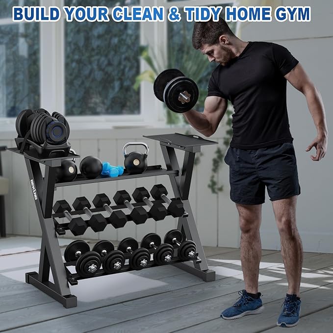 BEKING 3 Tier Dumbbell Rack,1000LB Capacity Weight Storage Rack for Home Gym Fitness,Multifunctional Free Weight Organizer Stand for Dumbbells, Kettlebells,Compact Design Save Floor Space