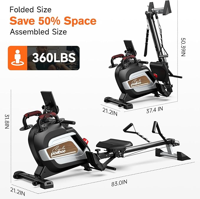 pooboo Magnetic Rowing Machine, Folding Rower with Combination Strength Exercise, Tablet Holder and Comfortable Seat Cushion, Rower for Home Use
