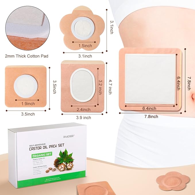 Castor Oil Pack with 8oz Castor Oil Organic Cold Pressed, Cotton Castor Oil Wrap for Waist Back Neck Arm, Self-Adhesive for Convenient Use (50pcs Patch with Oil)