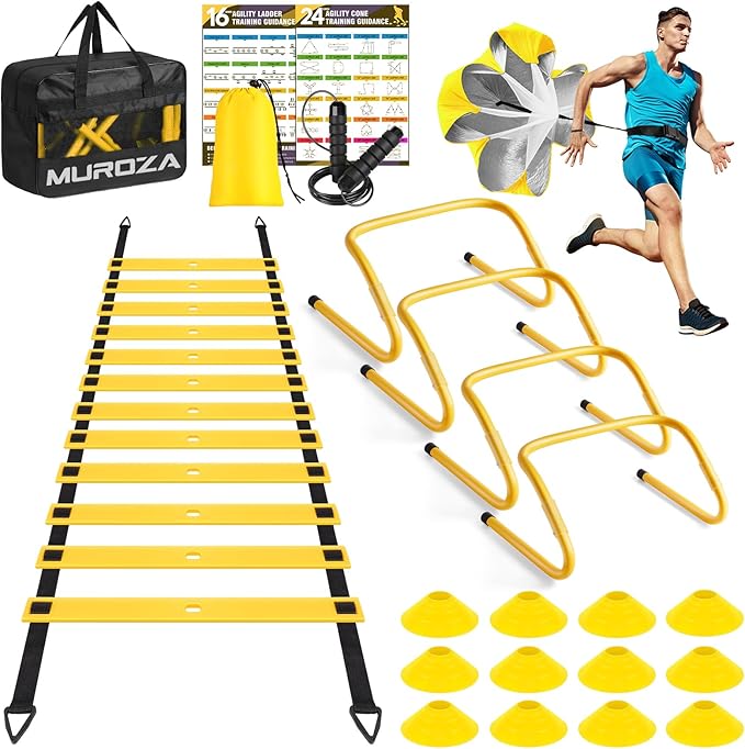 Agility Ladder, Agility Speed Training Equipment Set, 20ft Speed Ladder, 12 Soccer Cones, 4 Hurdles, Jump Rope, Running Parachute, Soccer Football Basketball Training Equipment Accessories