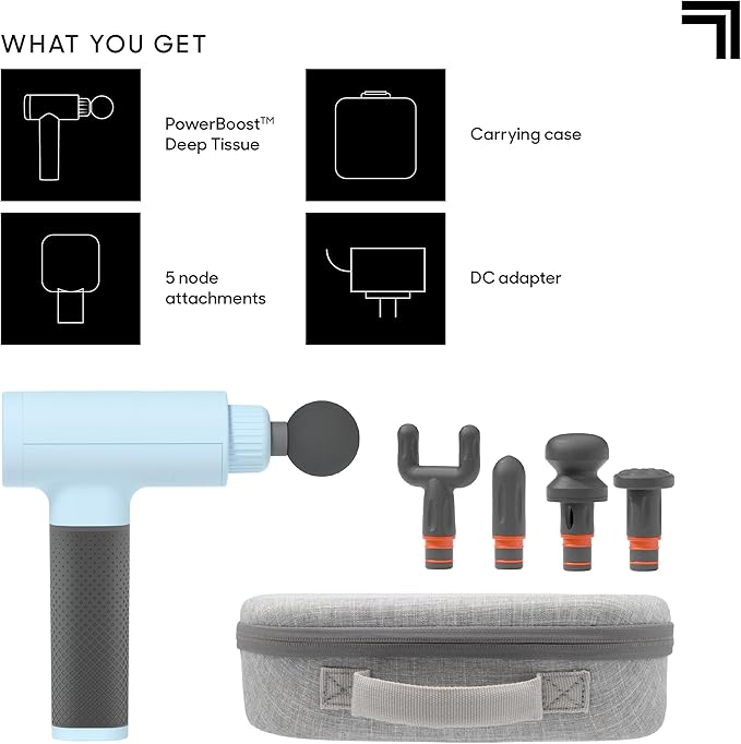 Sharper Image Deep Tissue Percussion Massage Gun, Powerboost Rechargeable Handheld Massager, 6 Adjustable Speeds, 5 Attachment Heads & Carrying Case, Full Body Muscle Pain Relief, Light Blue