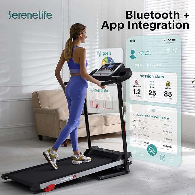 SereneLife Treadmills for Home with 13% Manual Incline Treadmill, 3.5HP - Compact Digital Portable Foldable Treadmill with Speakers, Bluetooth, App Sync, Heart Rate Monitor, for Walking, Running, Gym