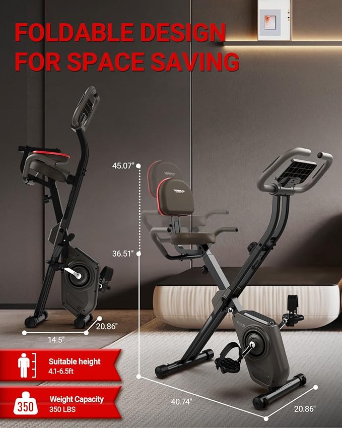 HARISON Folding Exercise Bike 350 LBS Capacity, 5 in 1 Bluetooth Stationary Bikes for Home with 16-Level Resistance and Arm Resistance Bands, Magnetic X-Bike with LCD Monitor & Back Support