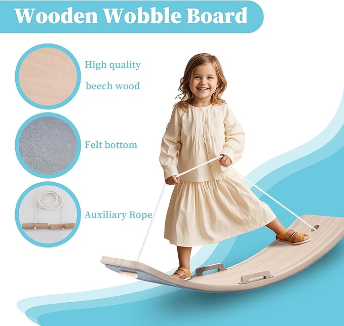 Wooden Wobble Balance Board Kids, 27 Inch Balance Board Toddlers with Natural Wood Board with Rope for Indoor&Outdoor Exercise, Open Ended Learning Toy for Body Training, Birthday