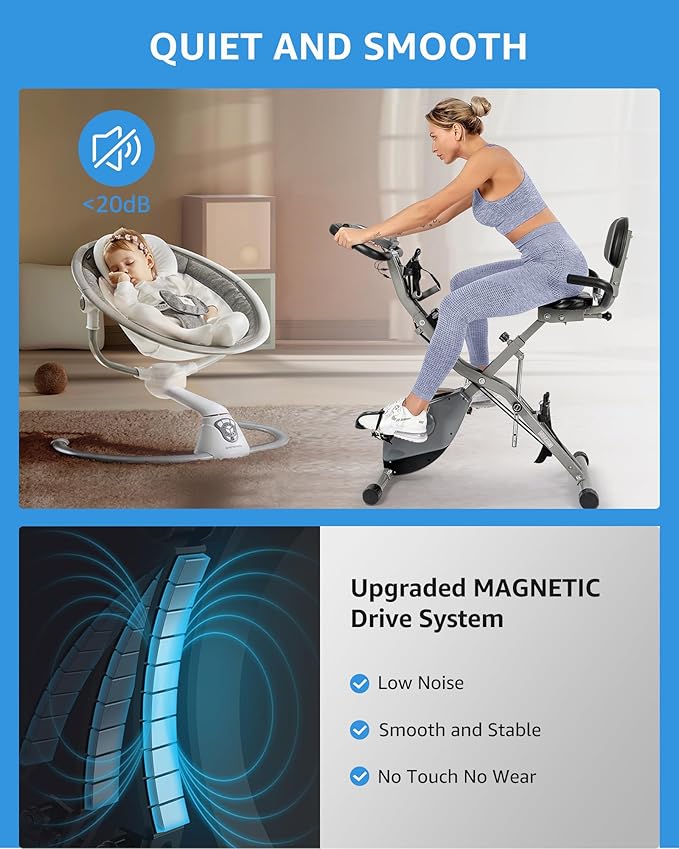 Indoor Exercise Bike for Seniors, 5 IN 1 Foldable Stationary Bike with 16-Level Magnetic Resistance and Tri-Position Ride, 330LBS Capacity, 6.6 LBS Flywheel, for Home Workout 818 Gray