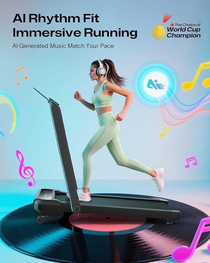 Smart Treadmill with 9% Auto Incline, Hiking and Running Walking Pad Treadmills for Home Office, Treadmill with UREVO APP, AI Powered Music Course, HIIT Programs Synced to Scenic Route, One-Click Mute