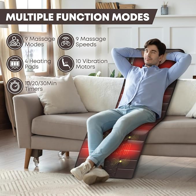 Massage-Mat, Detachable Neck Massager, Full Body Vibration Heating, Massage Pad with 10 Vibrating Motors and 9 Speed Settings for Home Office Use, Brown