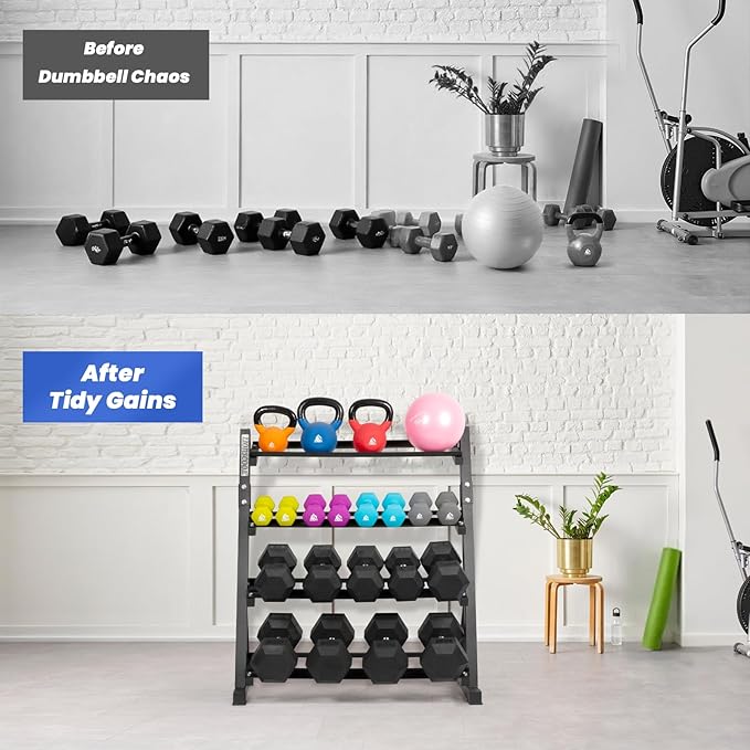 LIONSCOOL Adjustable Dumbbell Rack Stand, 4 Tier Heavy Duty Weight Storage Dumbbell Rack for Dumbbells & Kettlebells, Compact Space-Saving Organizer Stand for Home Gym, 1000+ LB Capacity