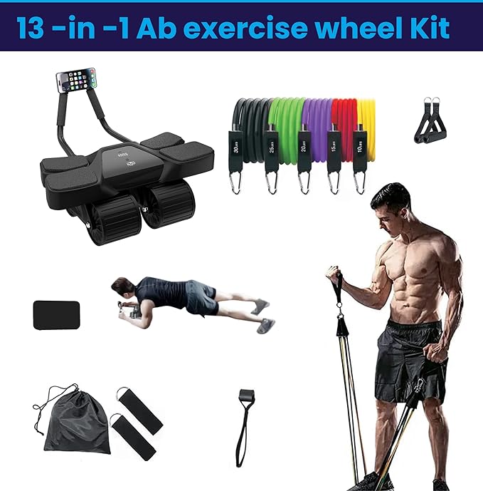 Ab Roller Home Gym Equipment – 4 Wheels Ab Wheel Muscle Roller with LCD Screen, 5Pcs Resistance Bands, Ankle Straps, Door Anchor, Handles, Travel Bag – Comfortable Elbow Support with Non-Slip Handles