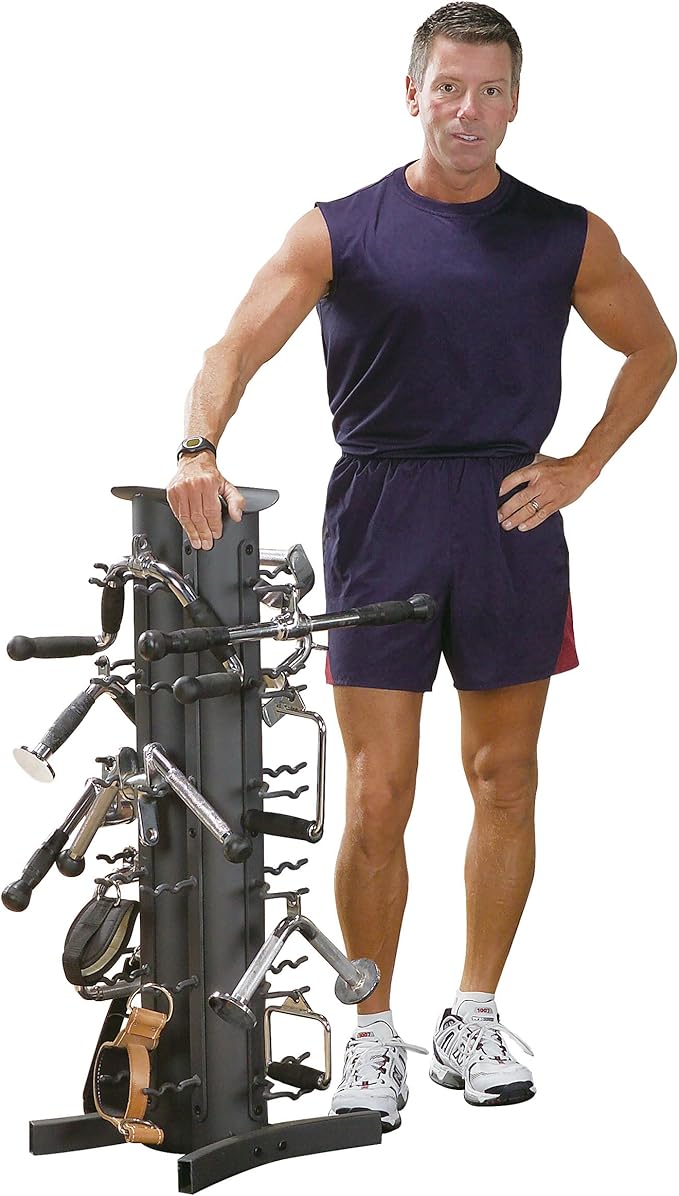 Body-Solid Vertical Gym Organizer Package with Lat and Curl Bar, Revolving Bars, Tricep Pressdown and Handles, Compact Storage Rack for 20 Handles & Straps, Home Accessories Organization