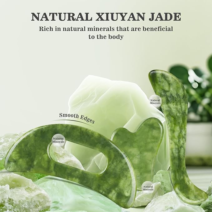 3 in 1 Jade Stone Gua Sha Massage Tool, Large Guasha Muscle Scraper Tools Set with Handle Muscle Scraping Massage Tools Anti Cellulite Spa Acupuncture Tools for Back Neck Leg Lymphatic Drainage