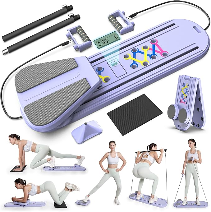 Pilates Board for Home Workout, Foldable Pilates Reformer Set for Women 6-in-1 Portable Folding Mini Pilate Kit Machine Equipment
