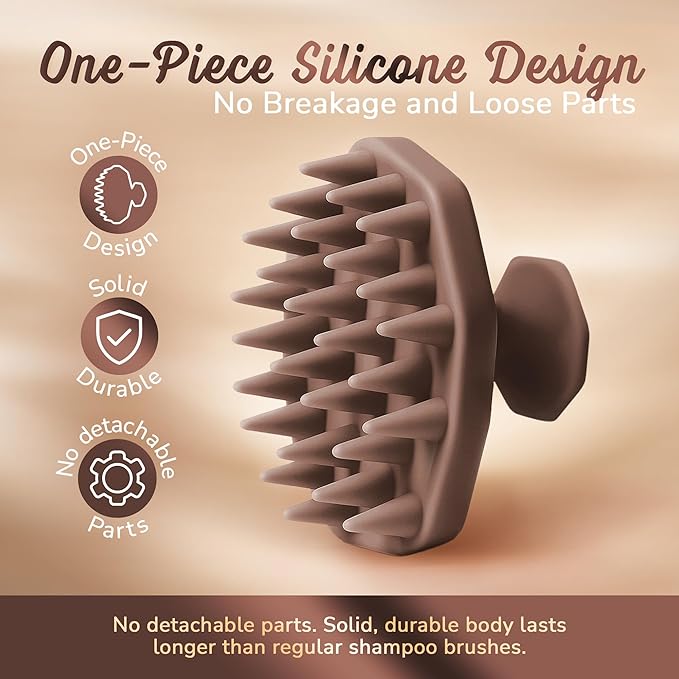 Scalp Massager Shampoo Brush – Silicone Scalp Scrubber for Hair Growth & Dandruff Removal, One-Piece, Non-Slip Handle, Soft Bristles, Wet/Dry Shower Scalp Exfoliator for All Hair Types – Brown