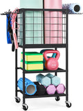 ETELI Yoga Mat Storage Rack Home Gym Workout Equipment Storage Cart with Hooks Wheels Small Metal Weight Rack for Dumbbells, Kettlebells, Foam Rollers, Resistance Bands, Yoga Block