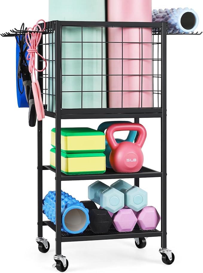ETELI Yoga Mat Storage Rack Home Gym Workout Equipment Storage Cart with Hooks Wheels Small Metal Weight Rack for Dumbbells, Kettlebells, Foam Rollers, Resistance Bands, Yoga Block