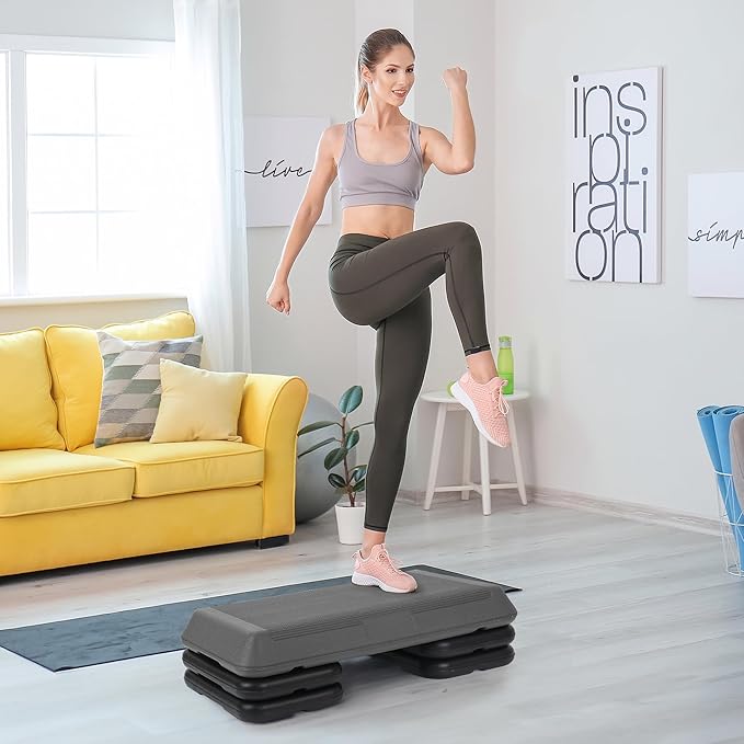 JungleA 28.5'' Exercise Step Platform Aerobic Stepper Workout Step Up Box for Home Gym, Circuit Size Steppers Bench, 4 Stackable Risers, 3 Levels 4"-6"-8" Height Adjustable Fitness Stair