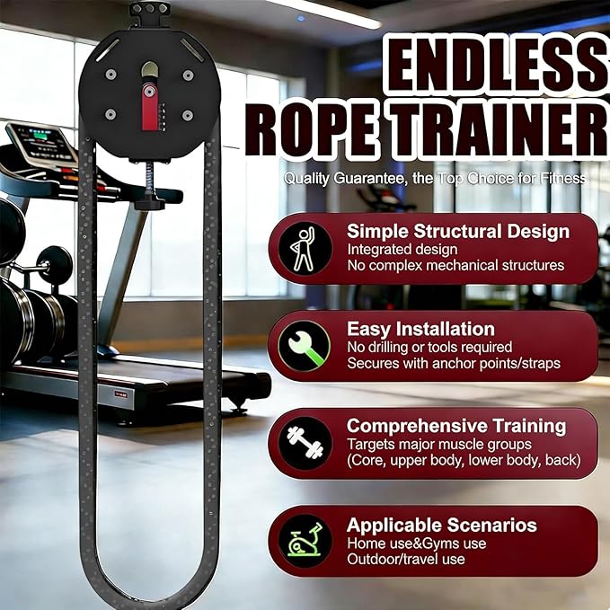 Endless Rope Trainer | Adjustable Resistance Trainer Machine | Suspension Endless Rope Pulley System| Closed-Loop Nylon Rope | Home Gym Infinity Rope for Interval Resistance Training(Red)
