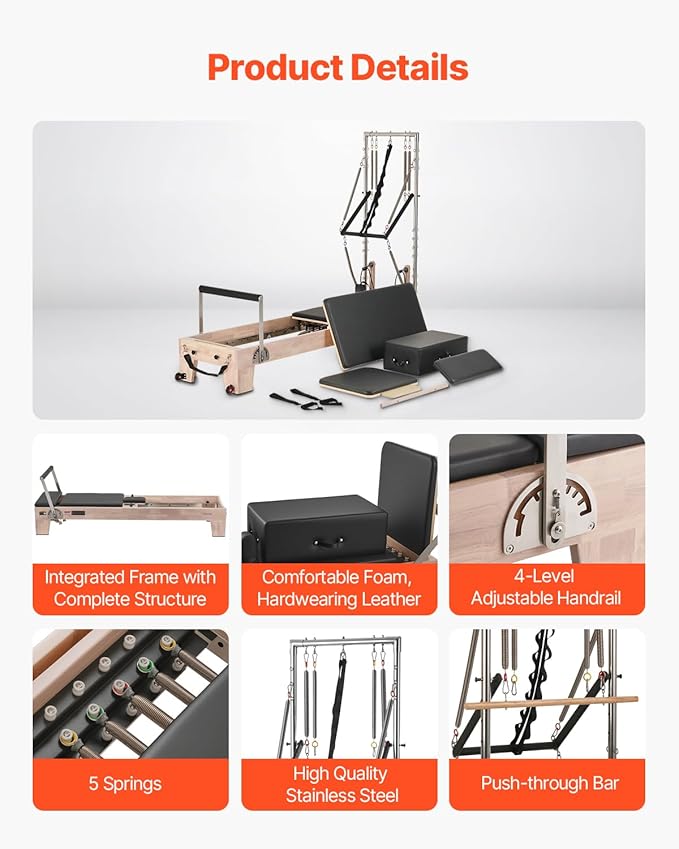 VEVOR Pilates Reformer Machine, Pilates Workout Equipment for Home Gym Studio Use, Pilates Reformer with Sitting Box and Jumpboard，fit for Beginners & Advanced Users