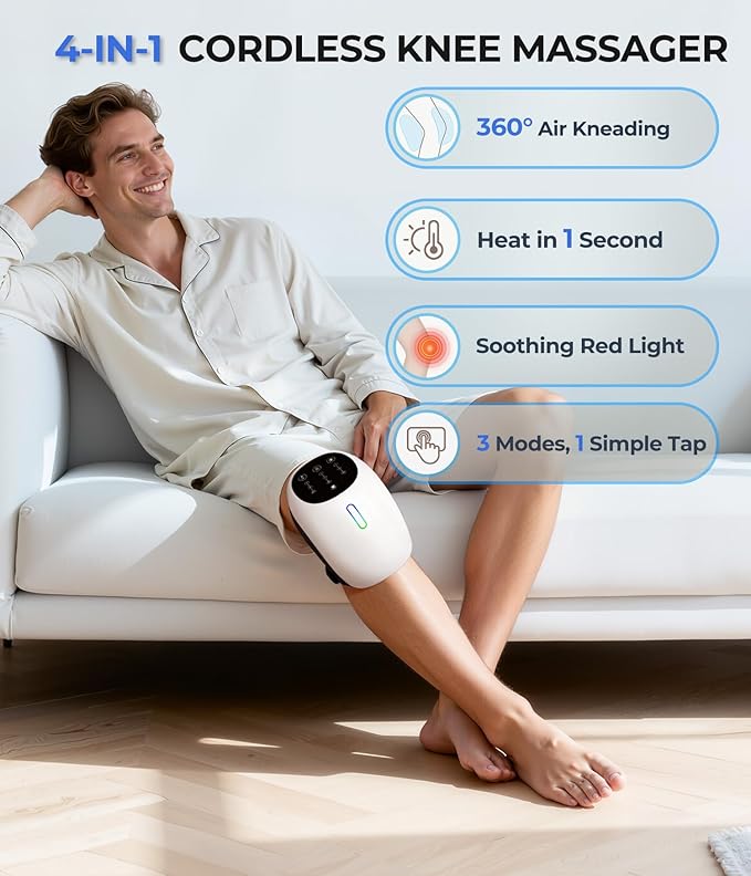 360° Kneading Cordless Knee Massager, with 1-Second Heat & Red Light Therapy | 3 Modes, Fits Knee Circumference 12–14 inch | Joint Pain Relief, Ideal for Athletes, Seniors, Active Adults