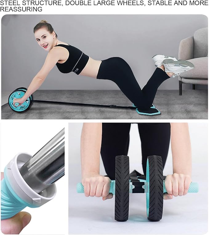 Double-Wheel Ab Roller for Core Training – Rebound Design with Adjustable Elastic Band, Silent Non-Slip Wheels, Detachable Build, Knee Pad & Bands – Home Gym Gear for Men/Women