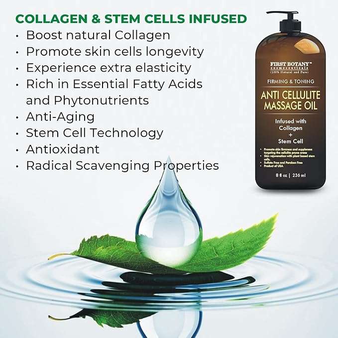 First Botany, Anti-Cellulite Massage Oil Infused with Collagen & Stem Cells - Natural Cellulite & Stretch Mark Treatment for Men & Women - 8 oz (Pack of 2)