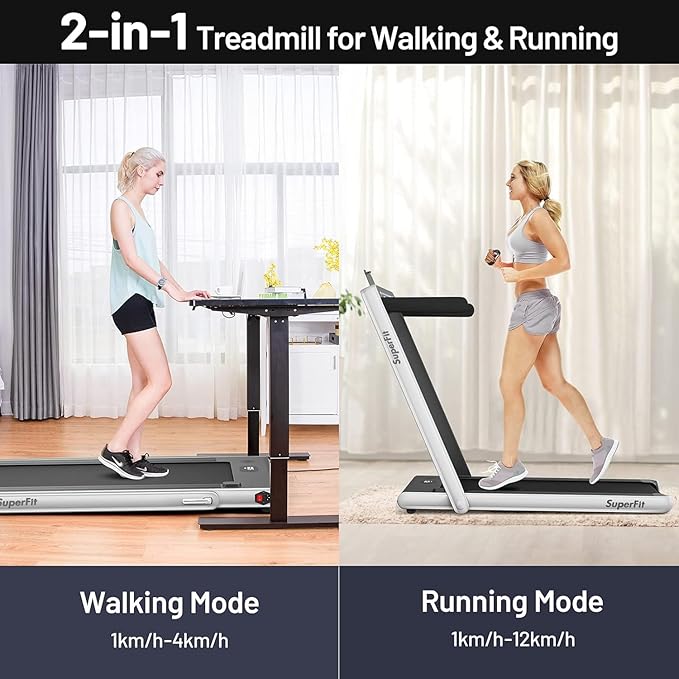 Goplus 2 in 1 Folding Treadmill with Dual Display, 2.25HP Superfit Under Desk Electric Pad Treadmill, Installation-Free, Blue Tooth Speaker, APP Control, Remote Control, Walking Jogging for Home