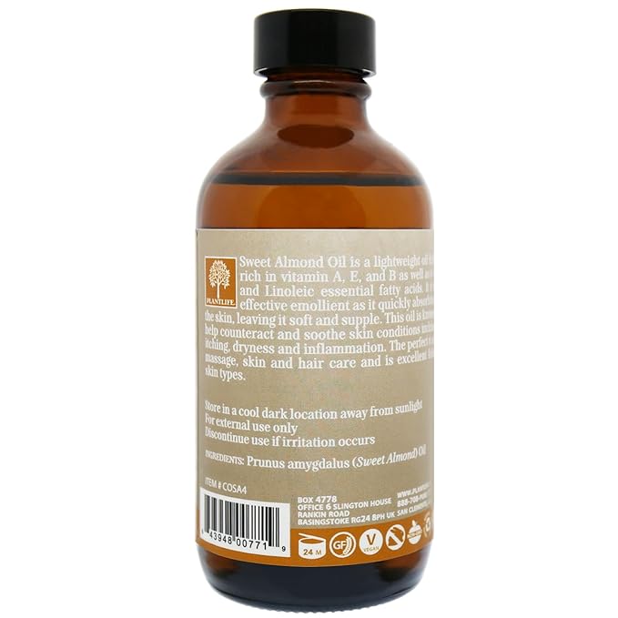 Plantlife Sweet Almond Carrier Oil - Cold Pressed, Non-GMO, and Gluten Free Carrier Oils - for Skin, Hair, and Personal Care - 4 oz