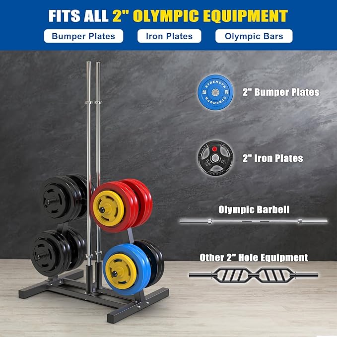 Kipika Weight Plate Tree Rack, Weight Holder for 2 inch Olympic Weight Plate & 2 Barbell Holders, Heavy Duty Bumper Plate Storage Organizer for Home Gym with Optional Wheels