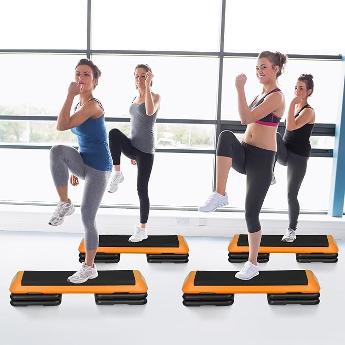 43" Exercise Aerobic Step Platform, Adjustable Fitness Stepper, with 4 Removable Risers for Home Gym Cardio Strength and Training