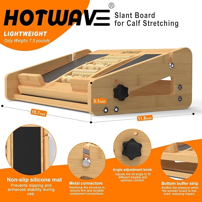 HOTWAVE Adjustable Wooden Slant Board with Foot Roller for Calf Stretching – 350lb Capacity Incline Board for Squats, Balance, Achilles & Leg Stretching, Ankle Physical Therapy Equipment