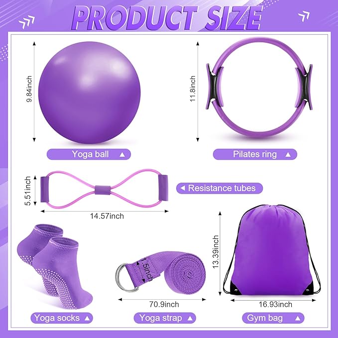 Poen 18 Pcs Home Pilates Ball and Ring Circle Set Yoga Fitness Essentials Kit with 5 Resistance Band Stretching Strap Non Slip Sock Ball Core Slider Wristband Headband Gym Bag for Women