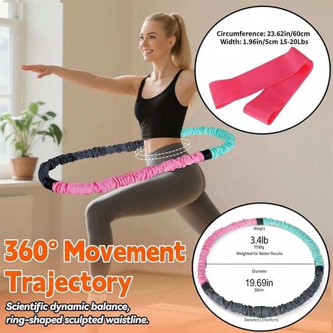 3.4lb Soft Spring Fitness Hoop for Adults, Scientifically Weighted, with Resistance Band, Soft Fabric Padding (Comfort & Protection), Full Body Exercise Equipment for Weight Loss